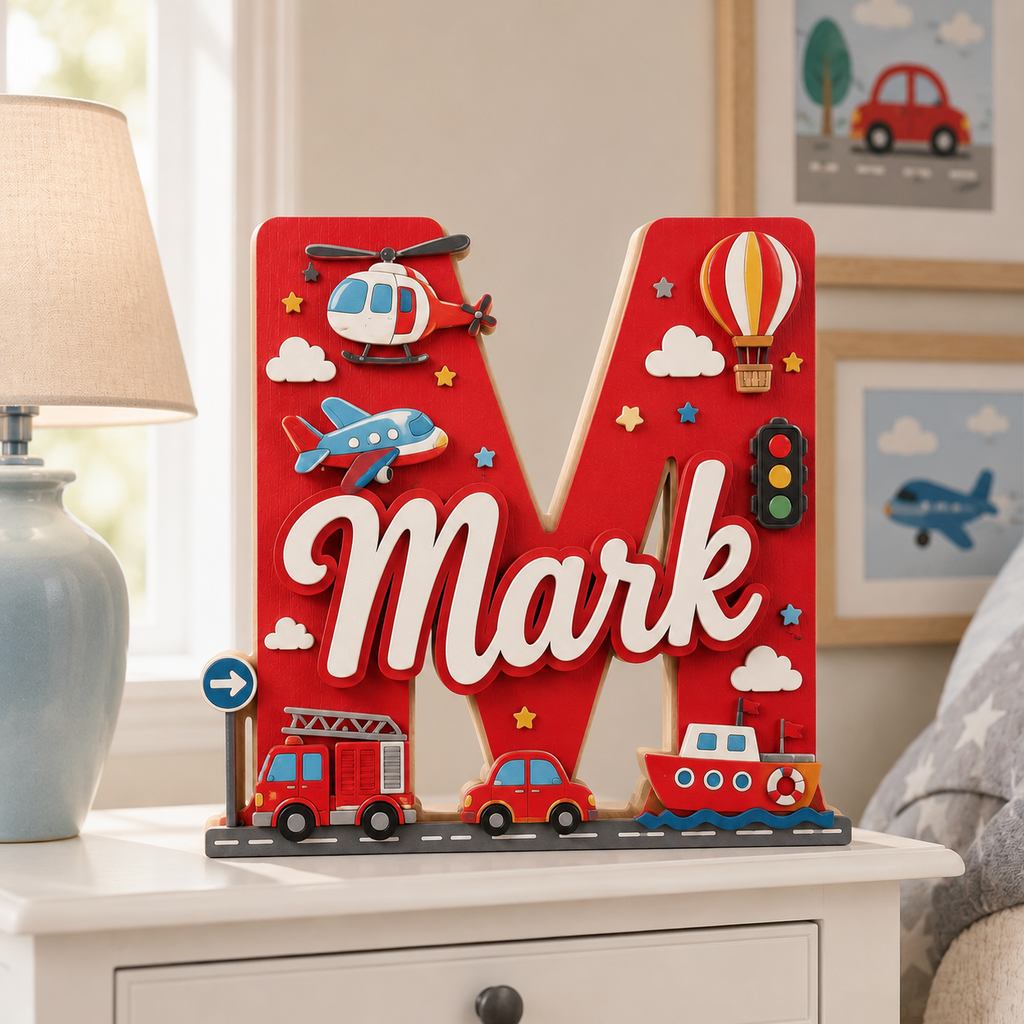 Personalized Transportation Nursery Name Sign, Custom Vehicle Baby Name Sign, Fire Truck Plane Boat Kids Room Decor, Wooden Letter Sign