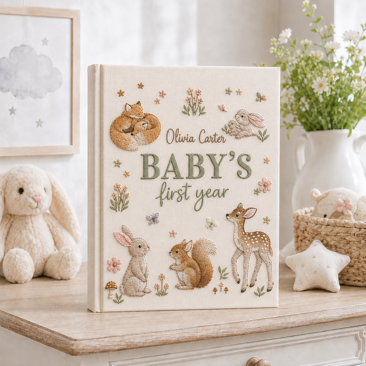 Personalized Woodland Baby Photo Album, Custom Hand Embroidered Keepsake Album with Sleeves, Baby First Year Memory Book EPLB12