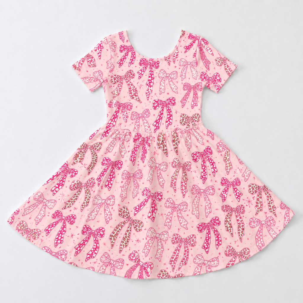 Pink Leopard Bow Bamboo Twirl Dress for Girls – Coquette Skater Dress