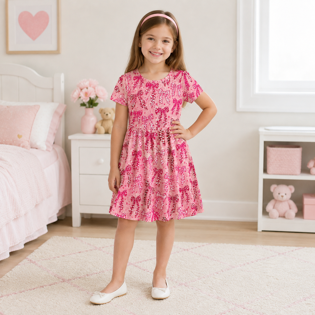 Pink Leopard Bow Bamboo Twirl Dress for Girls – Coquette Skater Dress