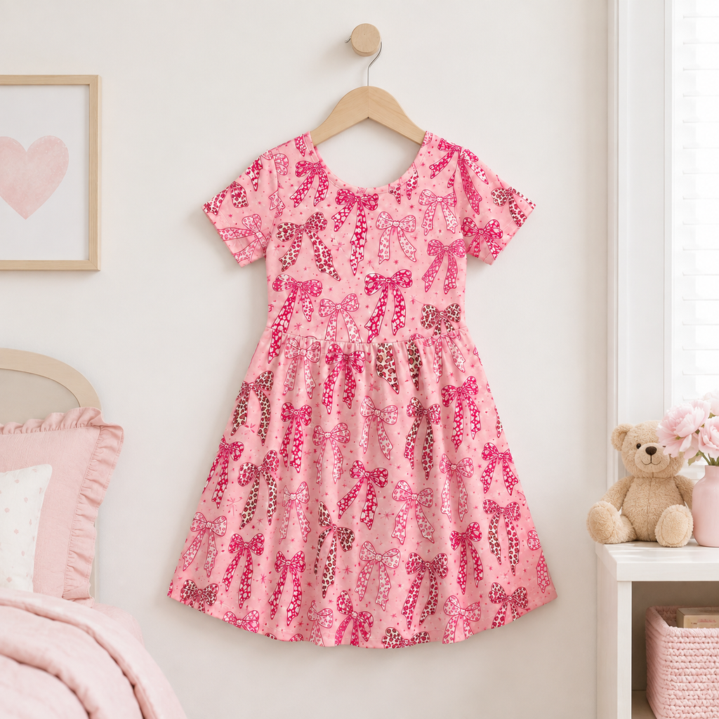 Pink Leopard Bow Bamboo Twirl Dress for Girls – Coquette Skater Dress