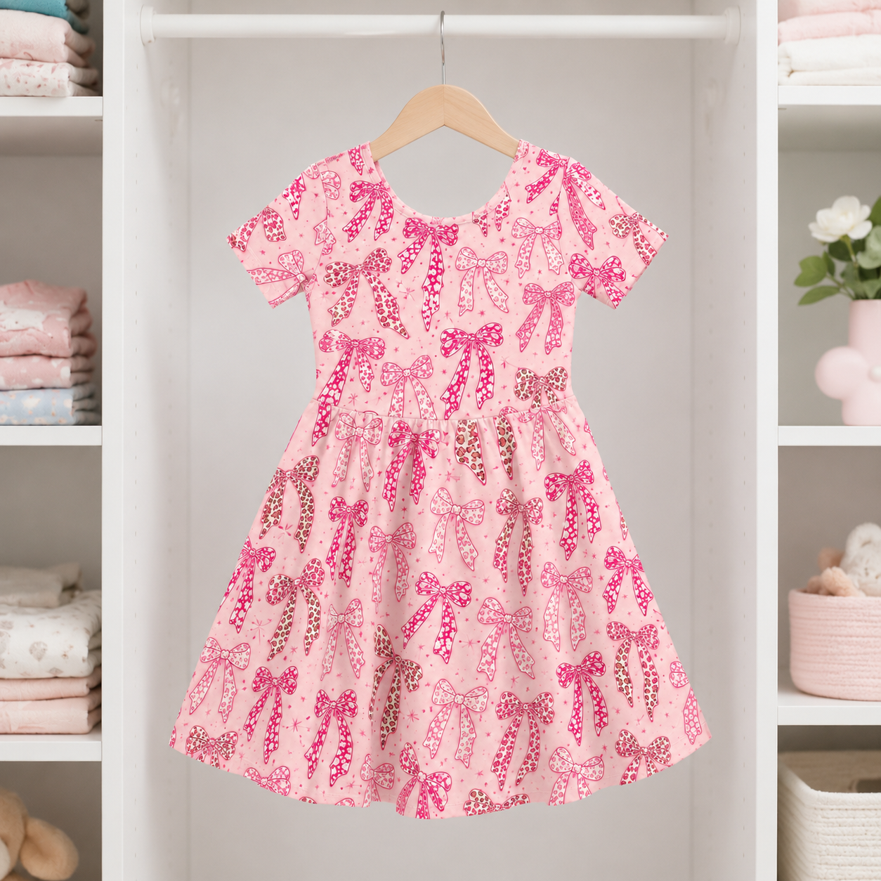 Pink Leopard Bow Bamboo Twirl Dress for Girls – Coquette Skater Dress