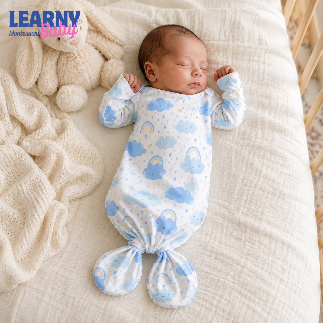 Newborn Baby Knotted Gown, Blue Cloud and Rainbow Bamboo Sleeper, Baby Boy Coming Home Outfit