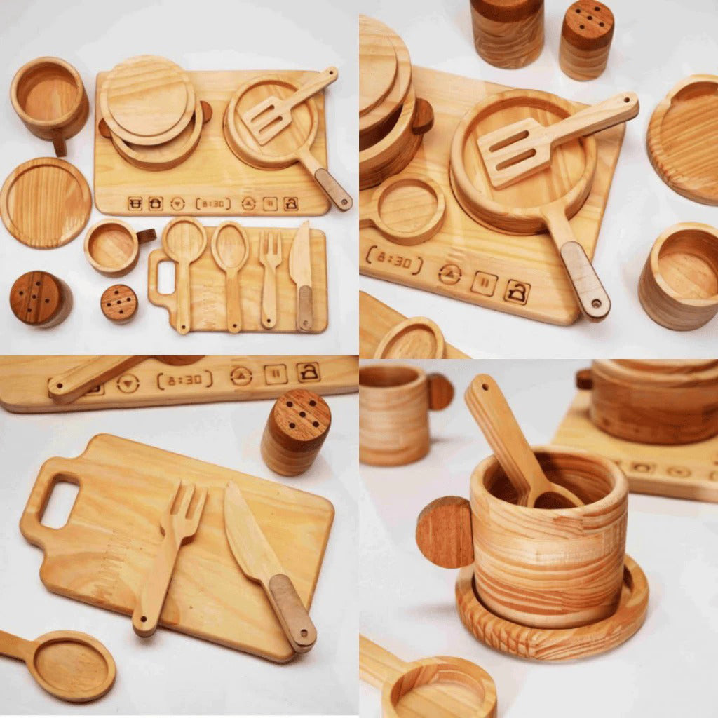 Wooden Cooking Toy Set for Kids – 15 Pieces Pretend Play Kitchen Accessories