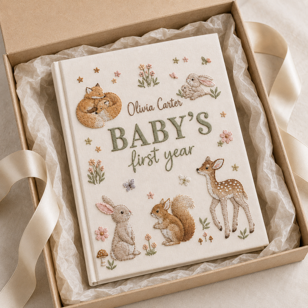 Personalized Woodland Baby Photo Album, Custom Hand Embroidered Keepsake Album with Sleeves, Baby First Year Memory Book EPLB12