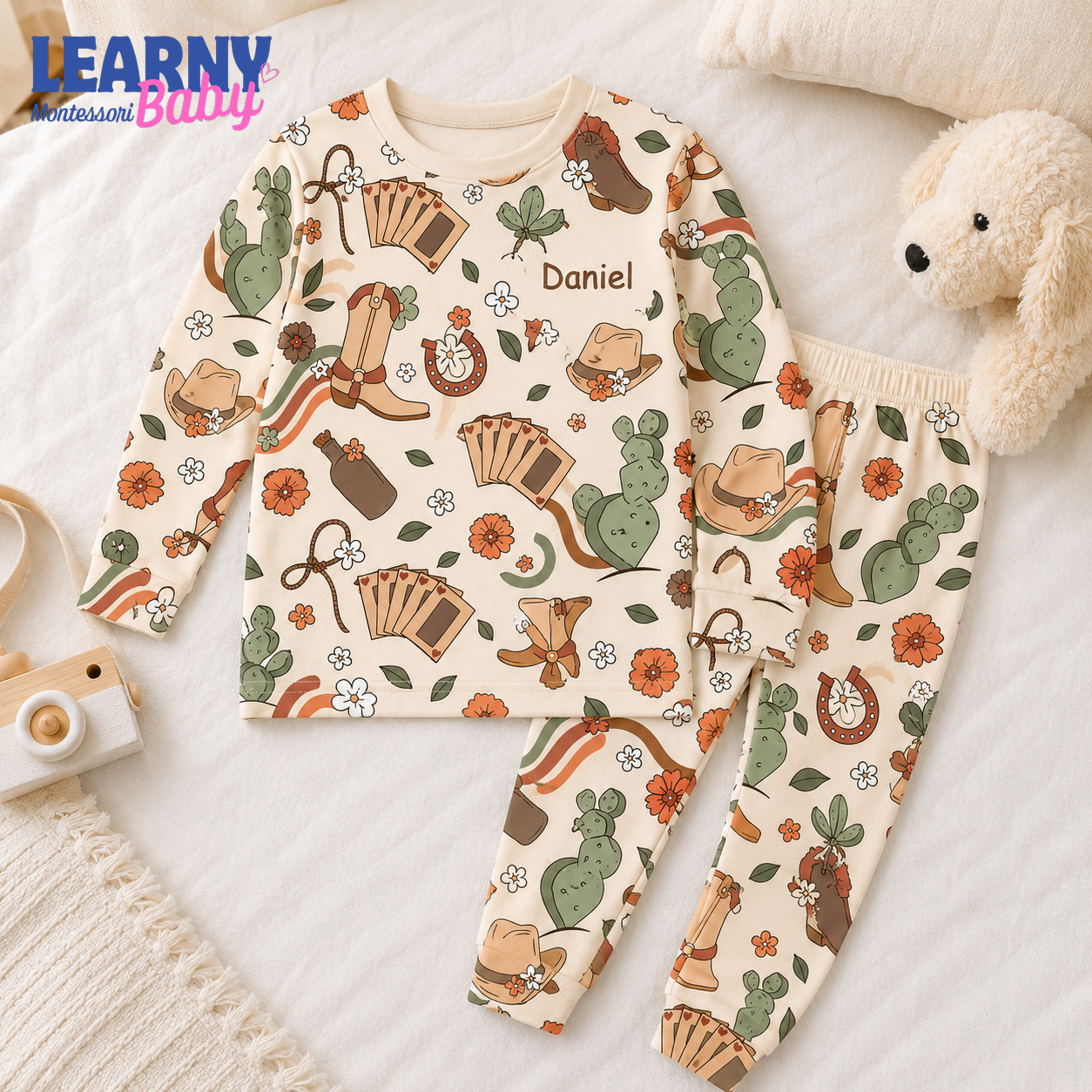 Personalized Western Bamboo Pajamas for Kids, Custom Name Cowboy Boots Cactus and Horseshoe Long Sleeve Sleepwear