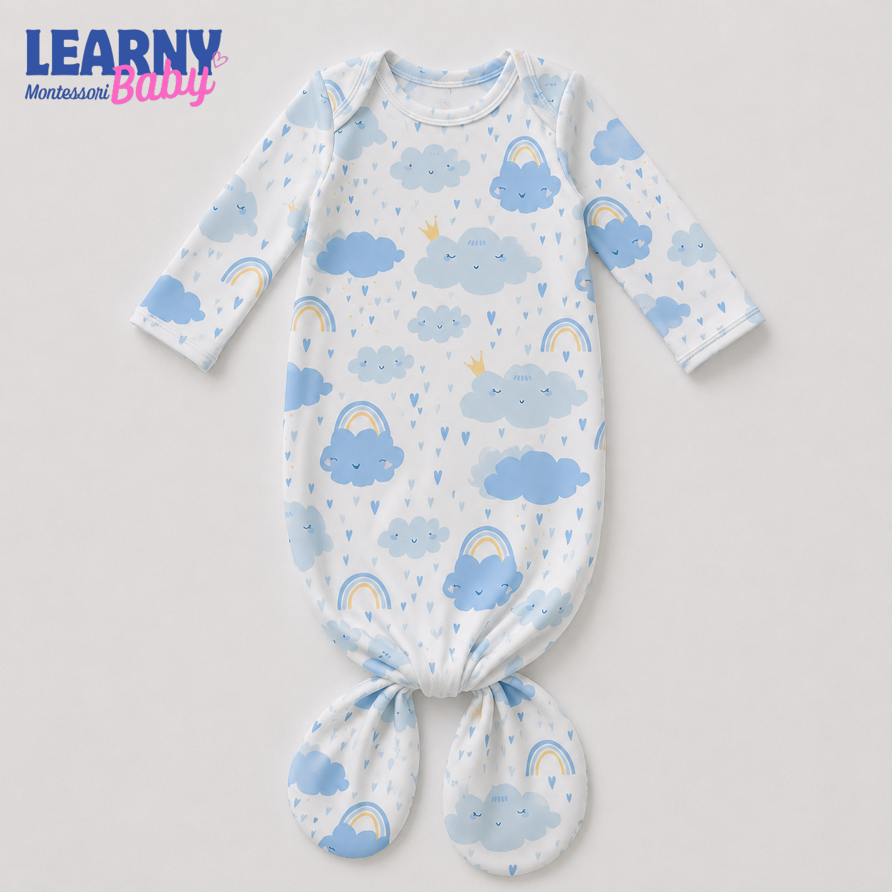 Newborn Baby Knotted Gown, Blue Cloud and Rainbow Bamboo Sleeper, Baby Boy Coming Home Outfit