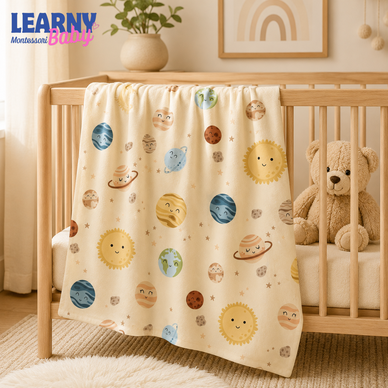 Solar System Bamboo Baby Blanket, Cute Planets and Stars Nursery Blanket, Space Theme Newborn Receiving Blanket, Baby Shower Gift