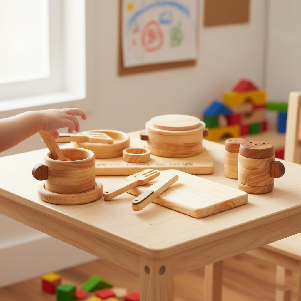Wooden Cooking Toy Set for Kids – 15 Pieces Pretend Play Kitchen Accessories