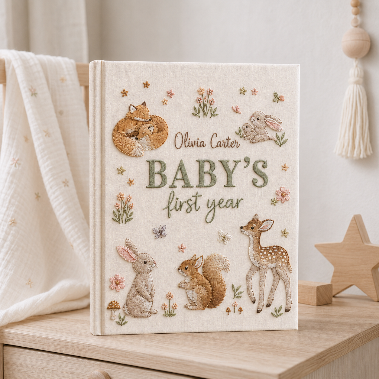 Personalized Woodland Baby Photo Album, Custom Hand Embroidered Keepsake Album with Sleeves, Baby First Year Memory Book EPLB12