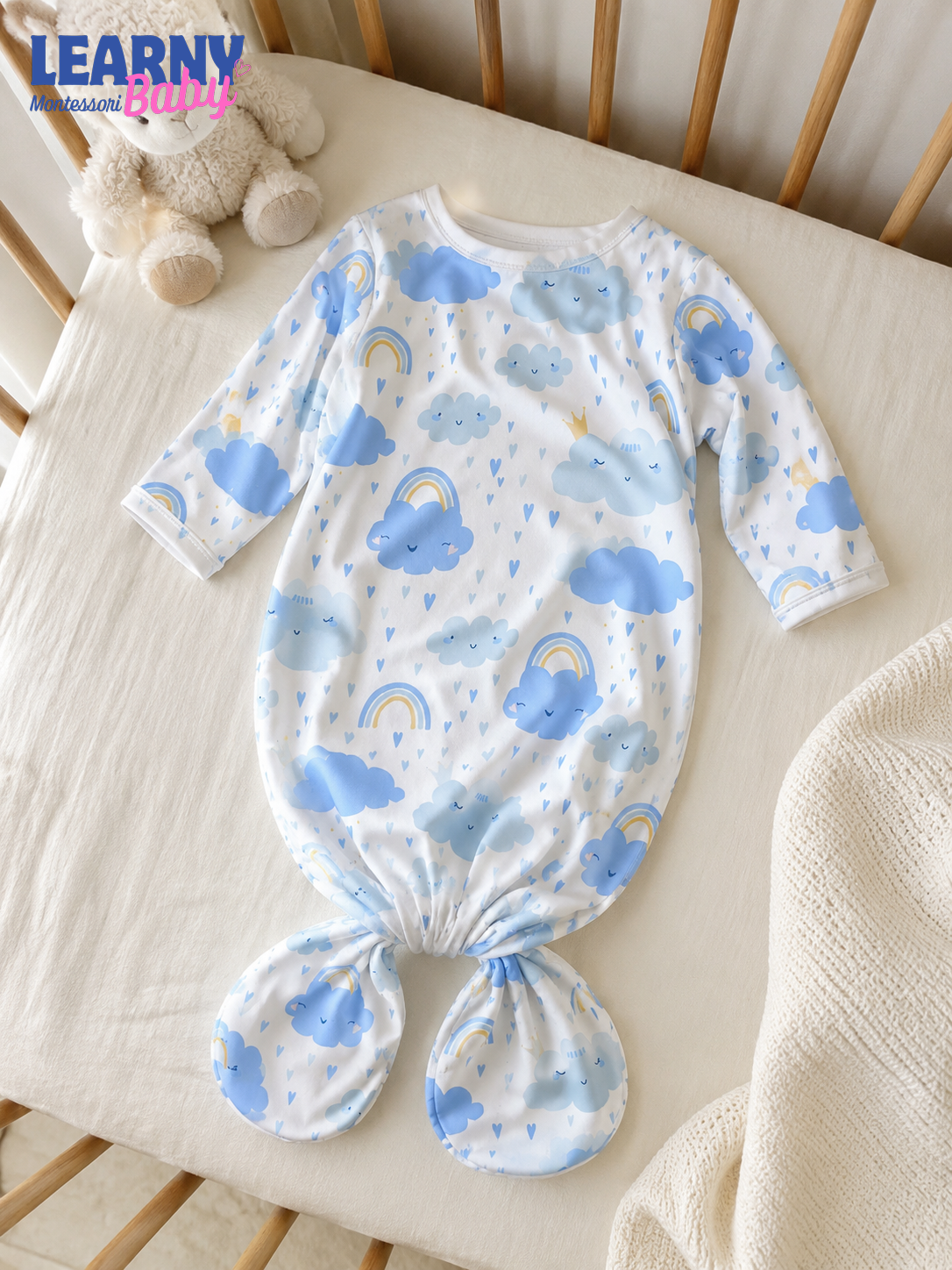 Newborn Baby Knotted Gown, Blue Cloud and Rainbow Bamboo Sleeper, Baby Boy Coming Home Outfit