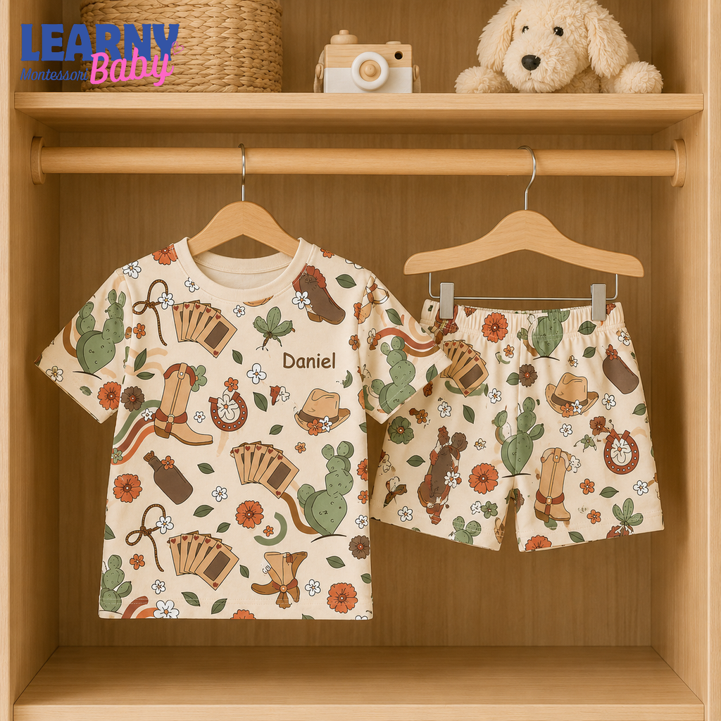 Personalized Western Bamboo Pajamas for Kids, Custom Name Cowboy Boots Cactus and Horseshoe Long Sleeve Sleepwear