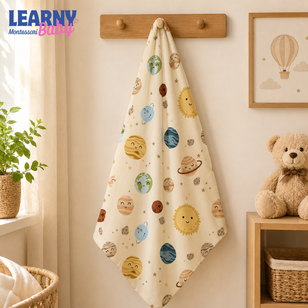Solar System Bamboo Baby Blanket, Cute Planets and Stars Nursery Blanket, Space Theme Newborn Receiving Blanket, Baby Shower Gift