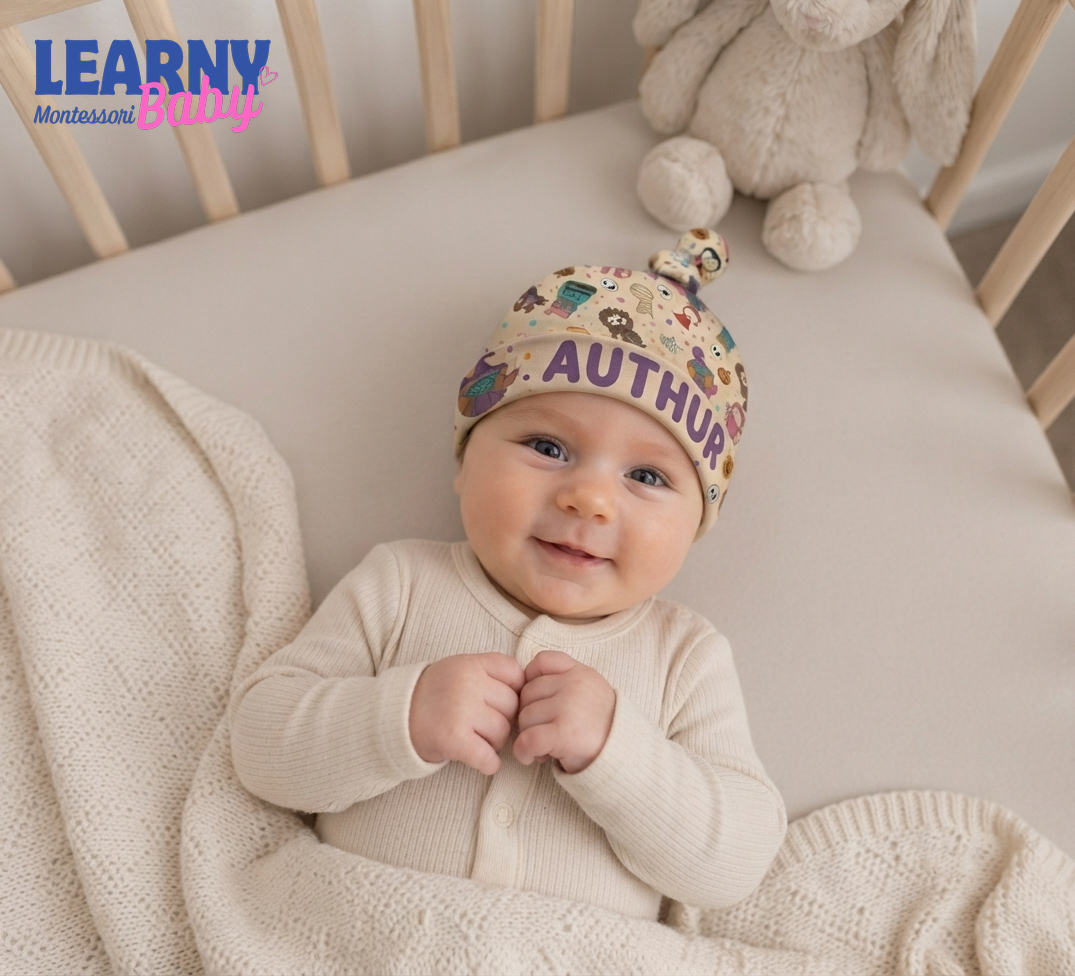 Personalized Bamboo Baby Knotted Hat, Custom Name Cute Character Newborn Beanie, Baby Boy Coming Home Hospital Hat