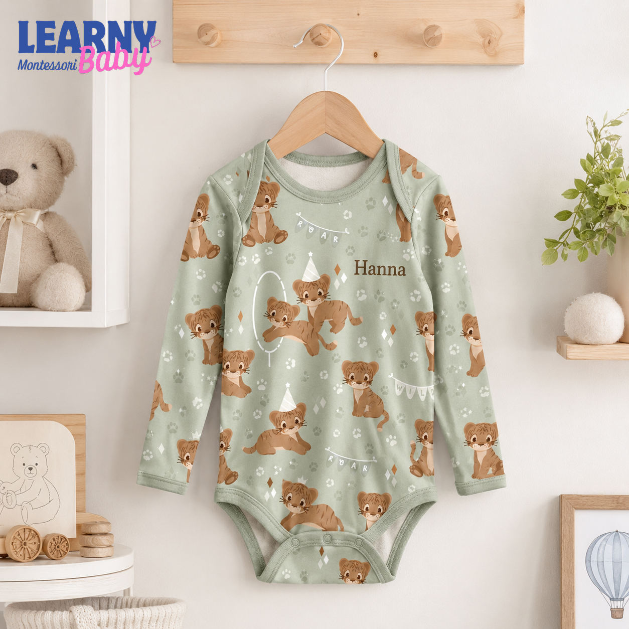 Bamboo Baby Bodysuit, Personalized Baby Tiger Onesie, Soft Bamboo Viscose Infant Bodysuit