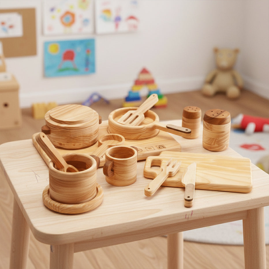Wooden Cooking Toy Set for Kids – 15 Pieces Pretend Play Kitchen Accessories