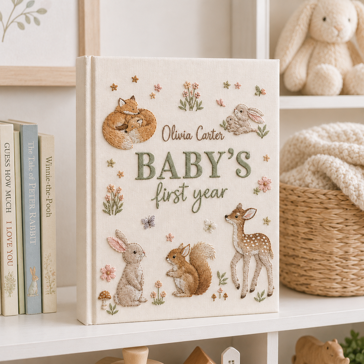 Personalized Woodland Baby Photo Album, Custom Hand Embroidered Keepsake Album with Sleeves, Baby First Year Memory Book EPLB12