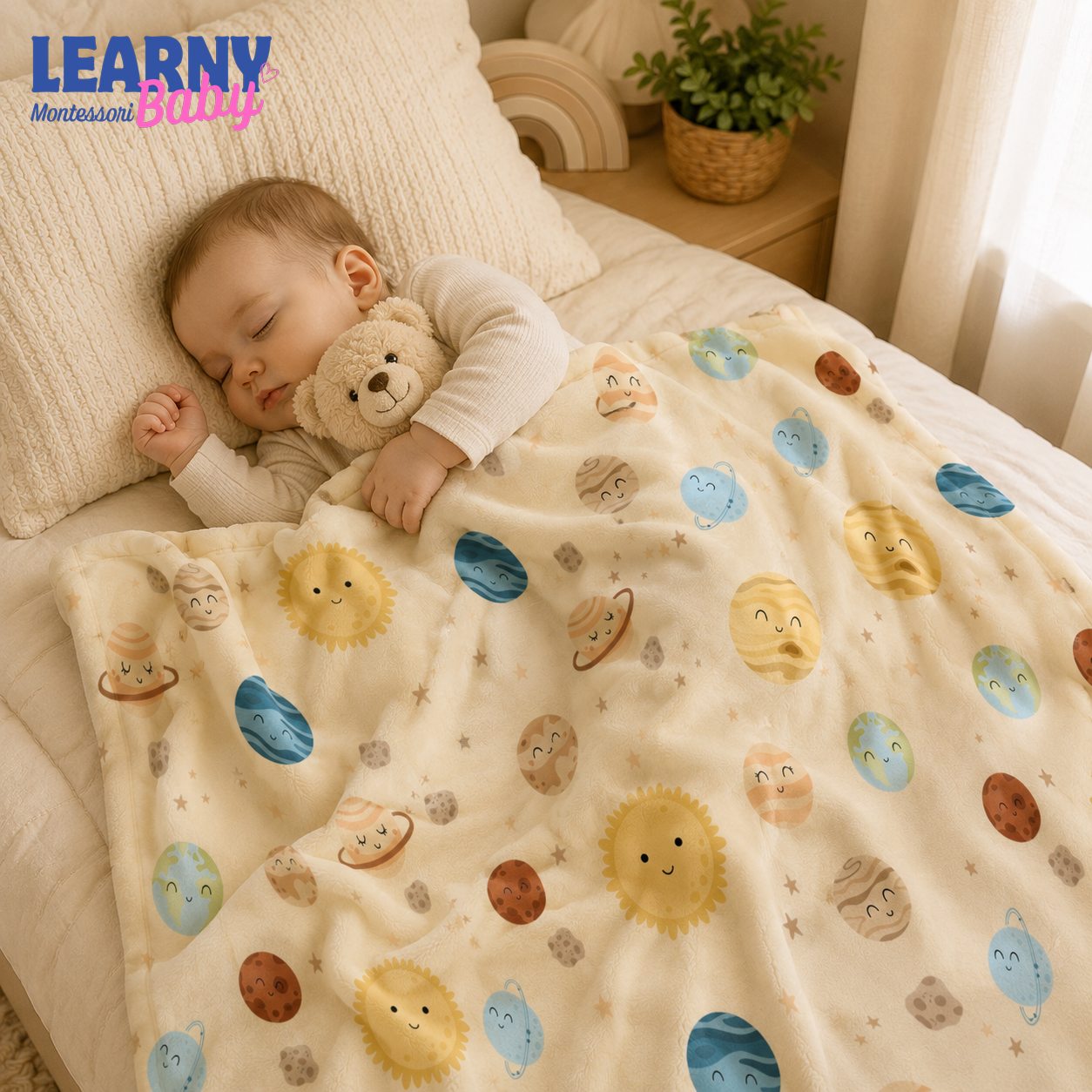 Solar System Bamboo Baby Blanket, Cute Planets and Stars Nursery Blanket, Space Theme Newborn Receiving Blanket, Baby Shower Gift