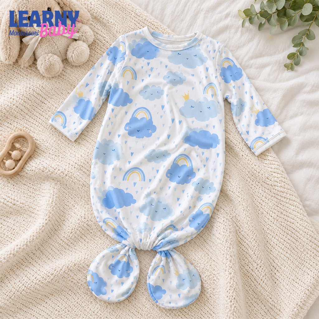Newborn Baby Knotted Gown, Blue Cloud and Rainbow Bamboo Sleeper, Baby Boy Coming Home Outfit