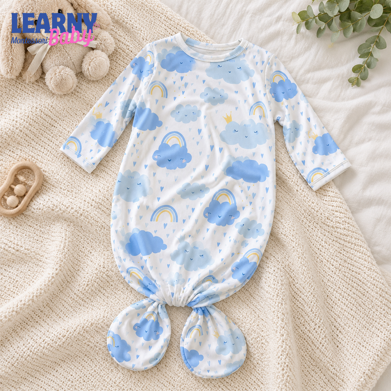 Newborn Baby Knotted Gown, Blue Cloud and Rainbow Bamboo Sleeper, Baby Boy Coming Home Outfit