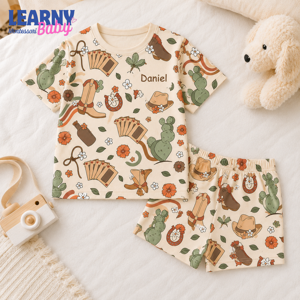 Personalized Western Bamboo Pajamas for Kids, Custom Name Cowboy Boots Cactus and Horseshoe Long Sleeve Sleepwear