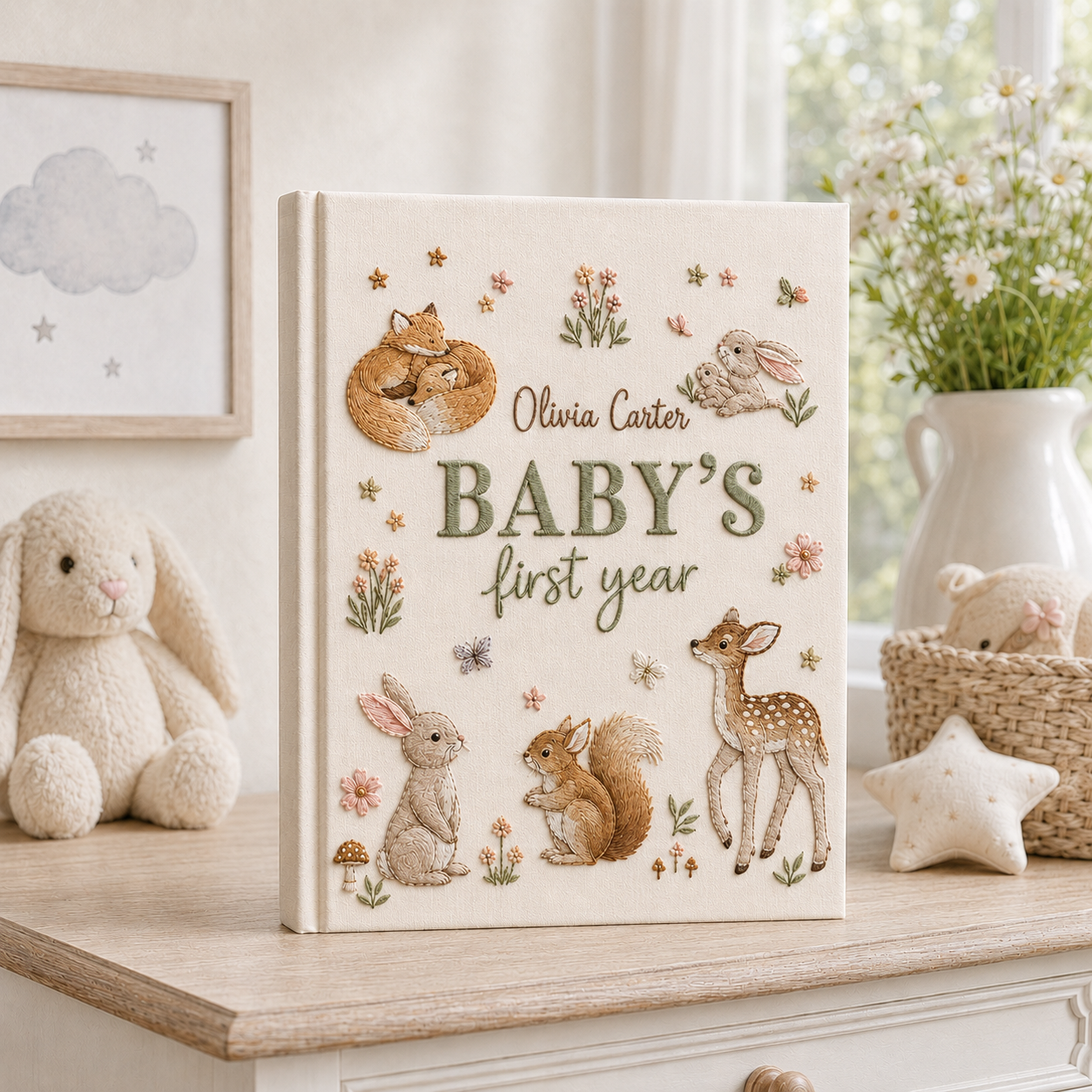Personalized Woodland Baby Photo Album, Custom Hand Embroidered Keepsake Album with Sleeves, Baby First Year Memory Book EPLB12
