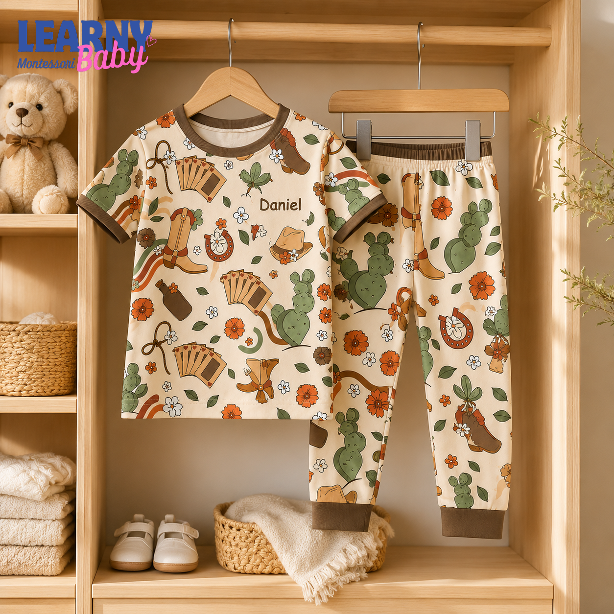 Personalized Western Bamboo Pajamas for Kids, Custom Name Cowboy Boots Cactus and Horseshoe Long Sleeve Sleepwear
