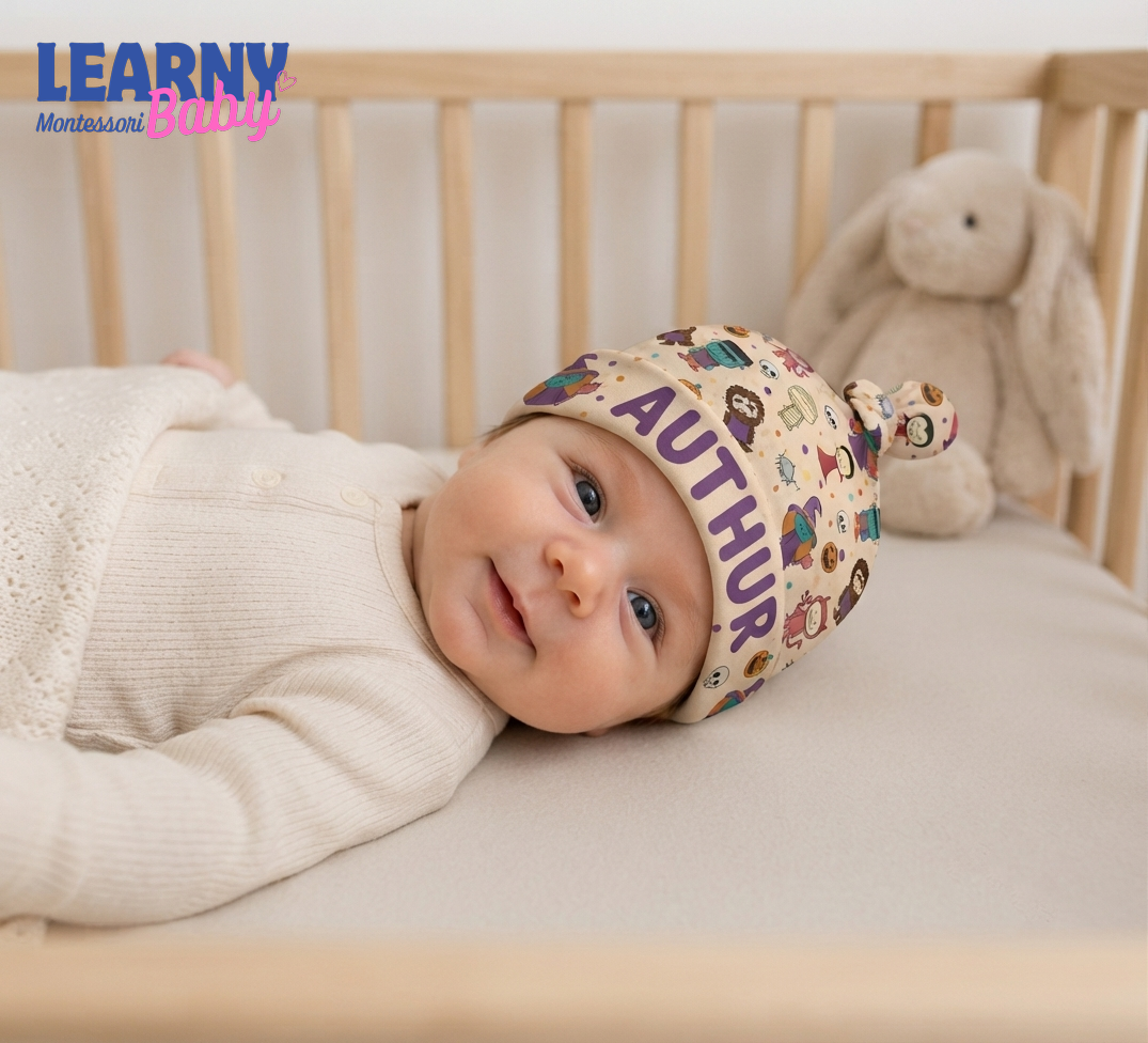 Personalized Bamboo Baby Knotted Hat, Custom Name Cute Character Newborn Beanie, Baby Boy Coming Home Hospital Hat