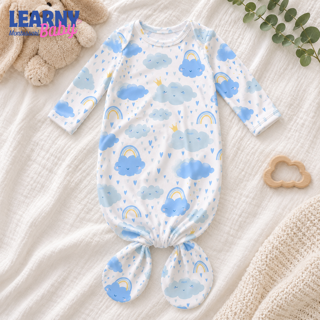 Newborn Baby Knotted Gown, Blue Cloud and Rainbow Bamboo Sleeper, Baby Boy Coming Home Outfit