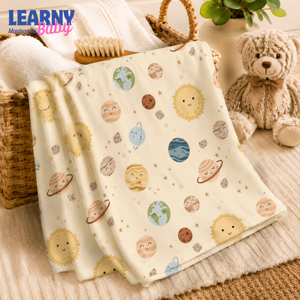 Solar System Bamboo Baby Blanket, Cute Planets and Stars Nursery Blanket, Space Theme Newborn Receiving Blanket, Baby Shower Gift