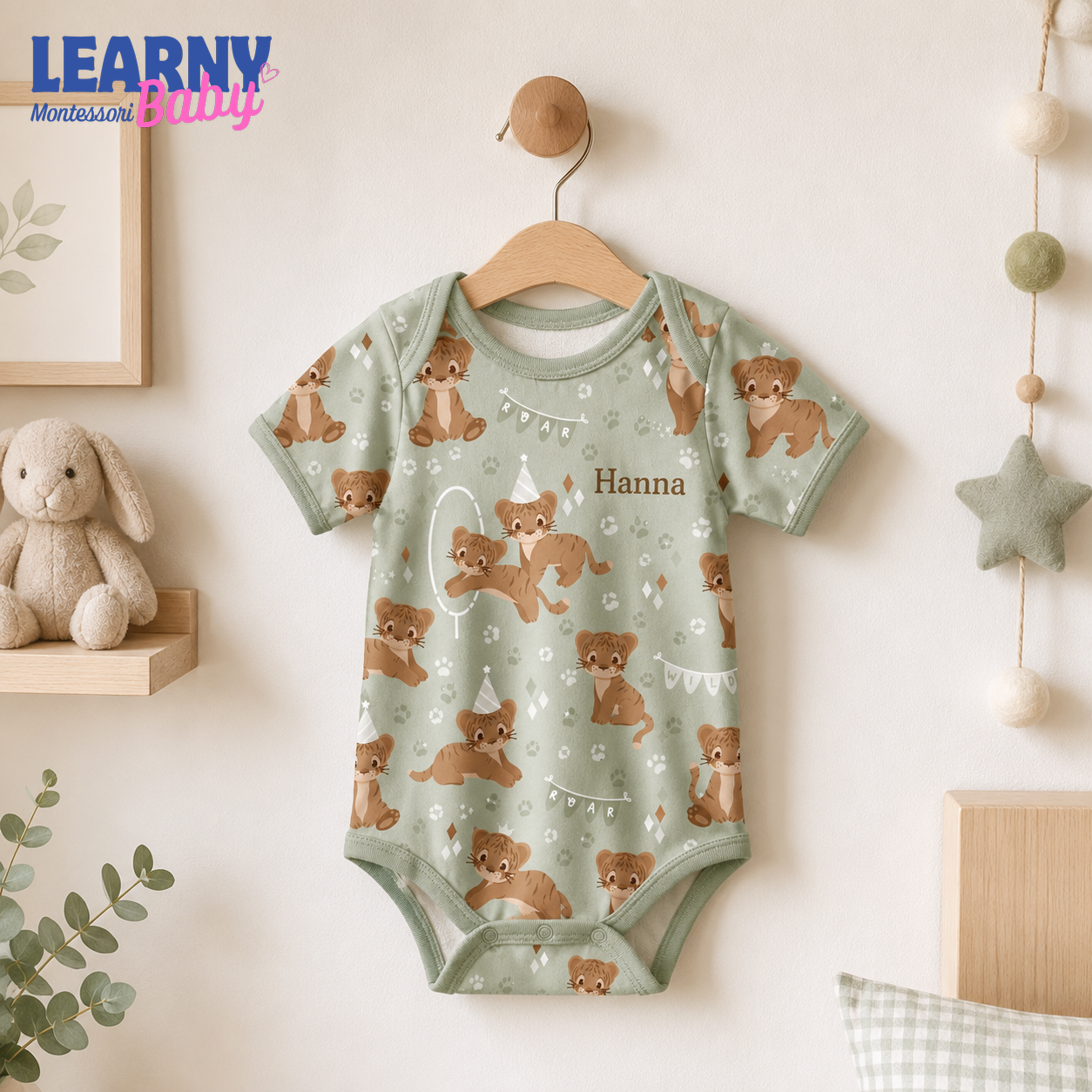 Bamboo Baby Bodysuit, Personalized Baby Tiger Onesie, Soft Bamboo Viscose Infant Bodysuit