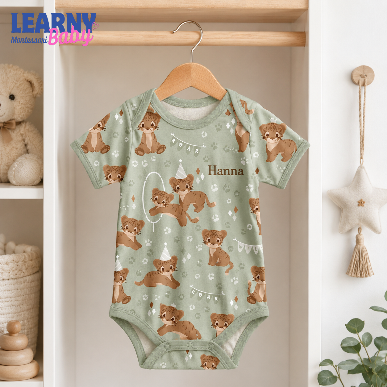Bamboo Baby Bodysuit, Personalized Baby Tiger Onesie, Soft Bamboo Viscose Infant Bodysuit