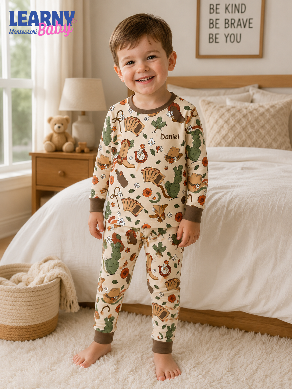 Personalized Western Bamboo Pajamas for Kids, Custom Name Cowboy Boots Cactus and Horseshoe Long Sleeve Sleepwear