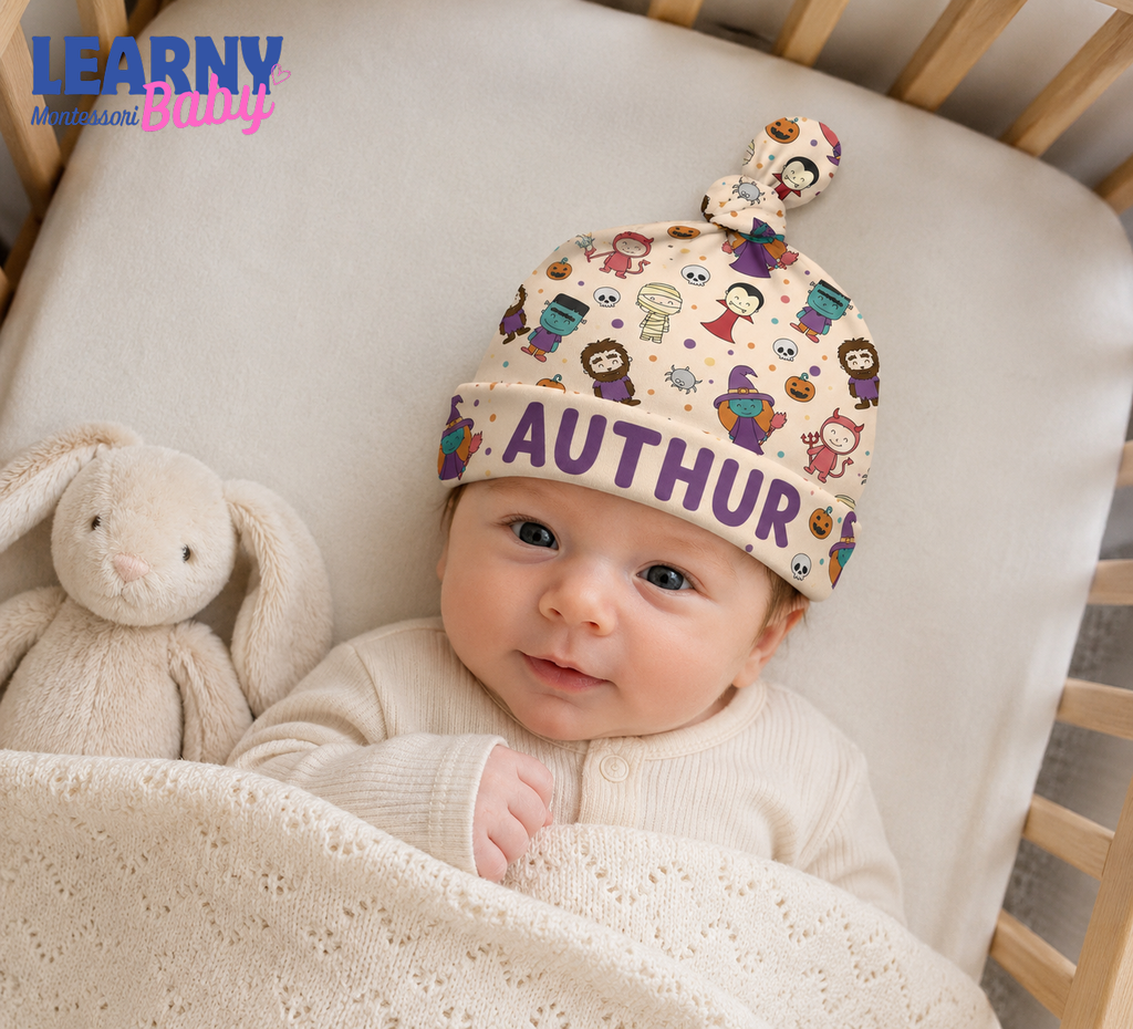 Personalized Bamboo Baby Knotted Hat, Custom Name Cute Character Newborn Beanie, Baby Boy Coming Home Hospital Hat