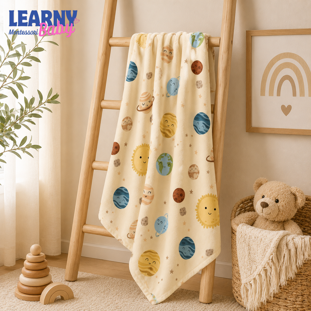 Solar System Bamboo Baby Blanket, Cute Planets and Stars Nursery Blanket, Space Theme Newborn Receiving Blanket, Baby Shower Gift