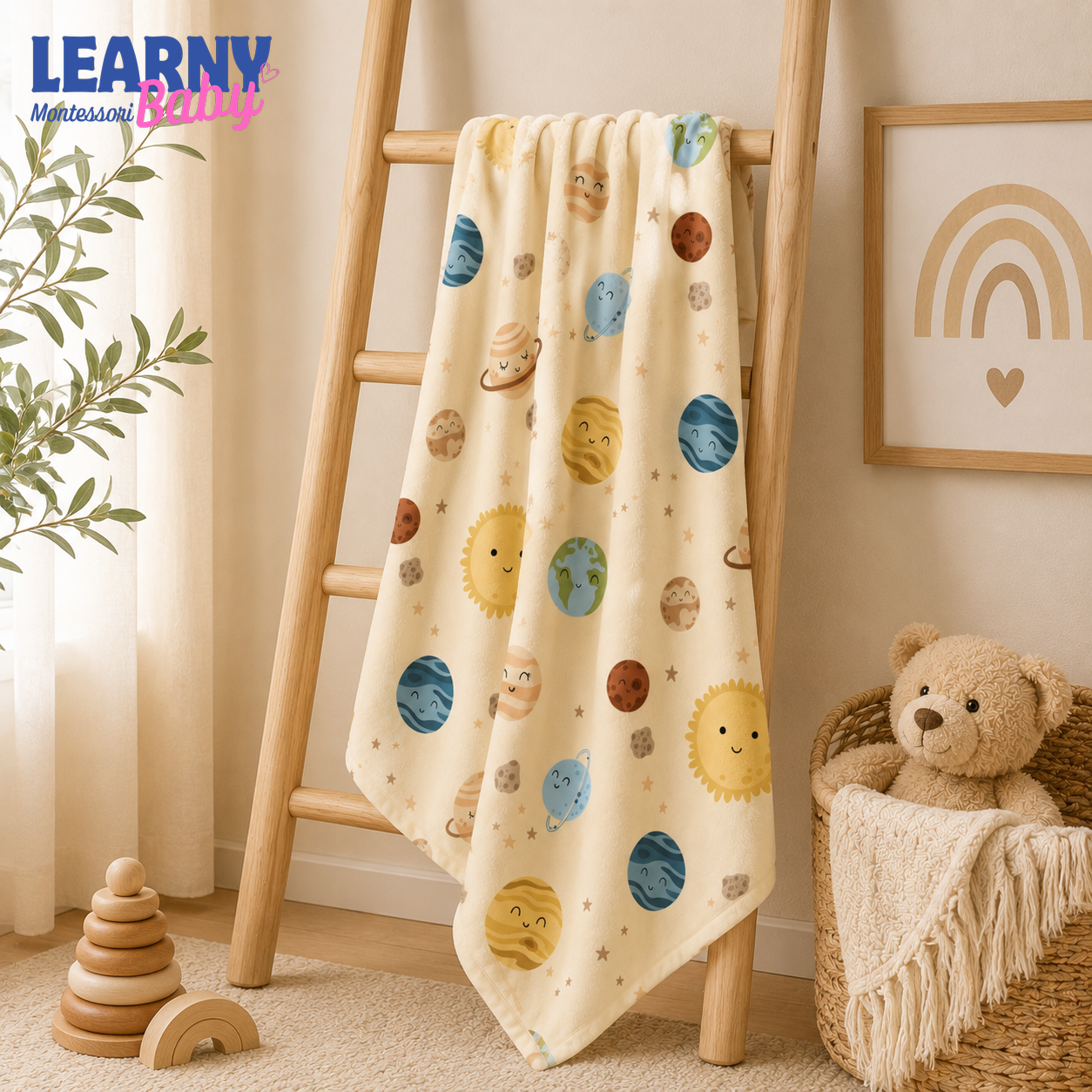 Solar System Bamboo Baby Blanket, Cute Planets and Stars Nursery Blanket, Space Theme Newborn Receiving Blanket, Baby Shower Gift