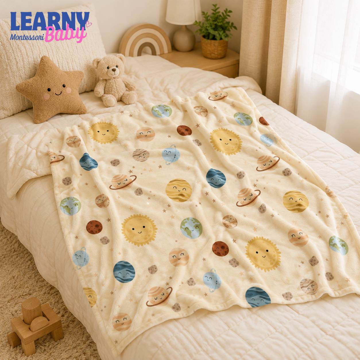 Solar System Bamboo Baby Blanket, Cute Planets and Stars Nursery Blanket, Space Theme Newborn Receiving Blanket, Baby Shower Gift