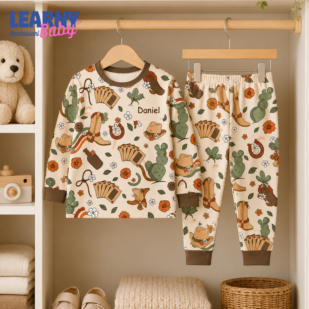 Personalized Western Bamboo Pajamas for Kids, Custom Name Cowboy Boots Cactus and Horseshoe Long Sleeve Sleepwear