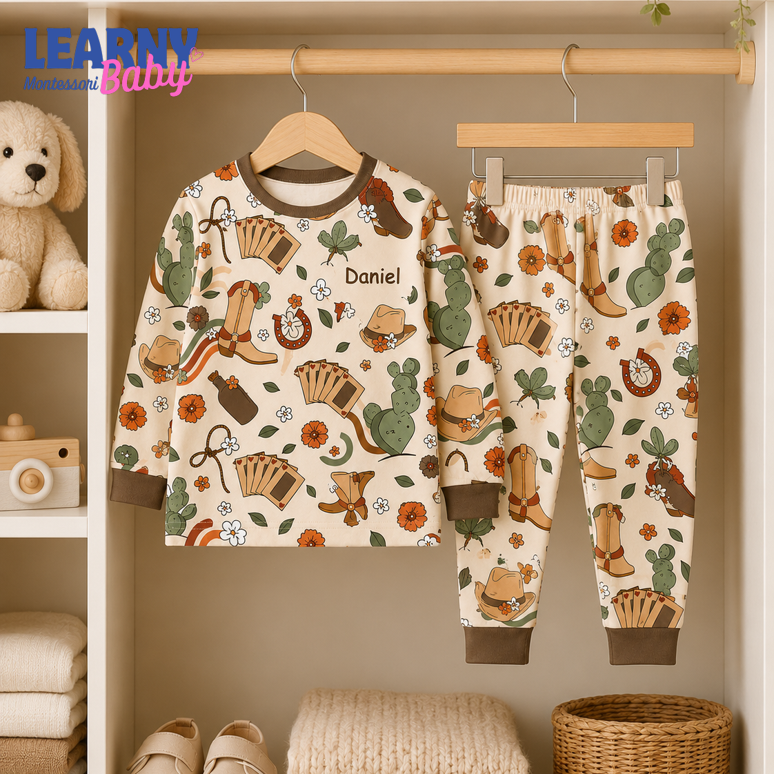 Personalized Western Bamboo Pajamas for Kids, Custom Name Cowboy Boots Cactus and Horseshoe Long Sleeve Sleepwear