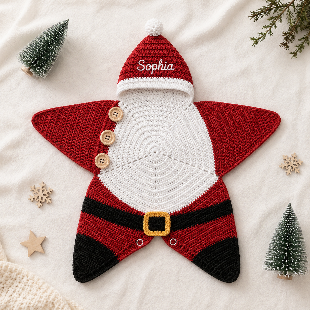 Crochet Santa Claus Star Baby Cocoon – Personalized Christmas Baby Outfit