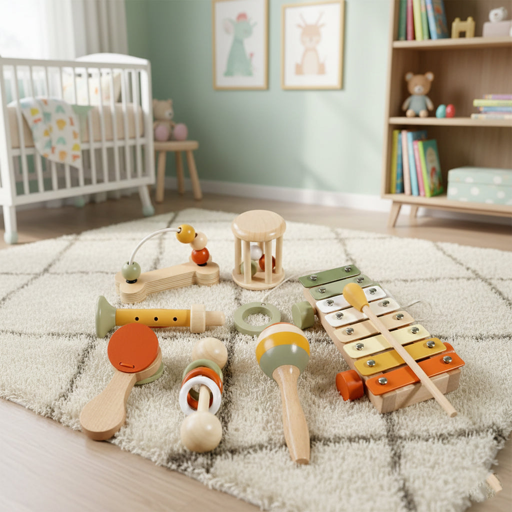 Baby Handheld Bell Musical Toy, Montessori Wooden Gripping Percussion Instrument, Early Music & Fine Motor Skills, Ages 6M–3Y