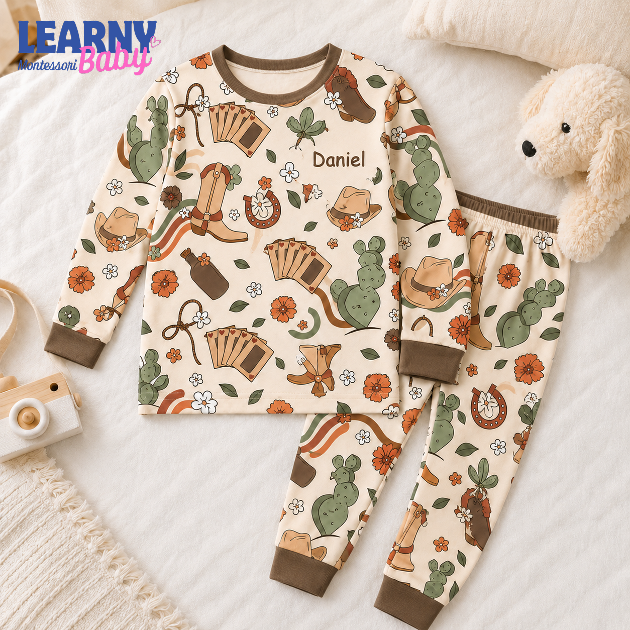 Personalized Western Bamboo Pajamas for Kids, Custom Name Cowboy Boots Cactus and Horseshoe Long Sleeve Sleepwear