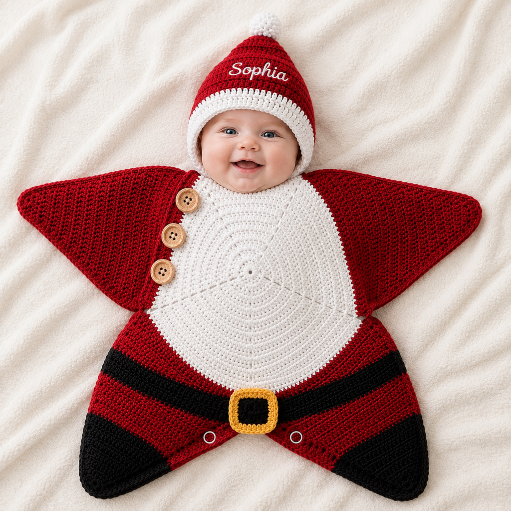 Crochet Santa Claus Star Baby Cocoon – Personalized Christmas Baby Outfit