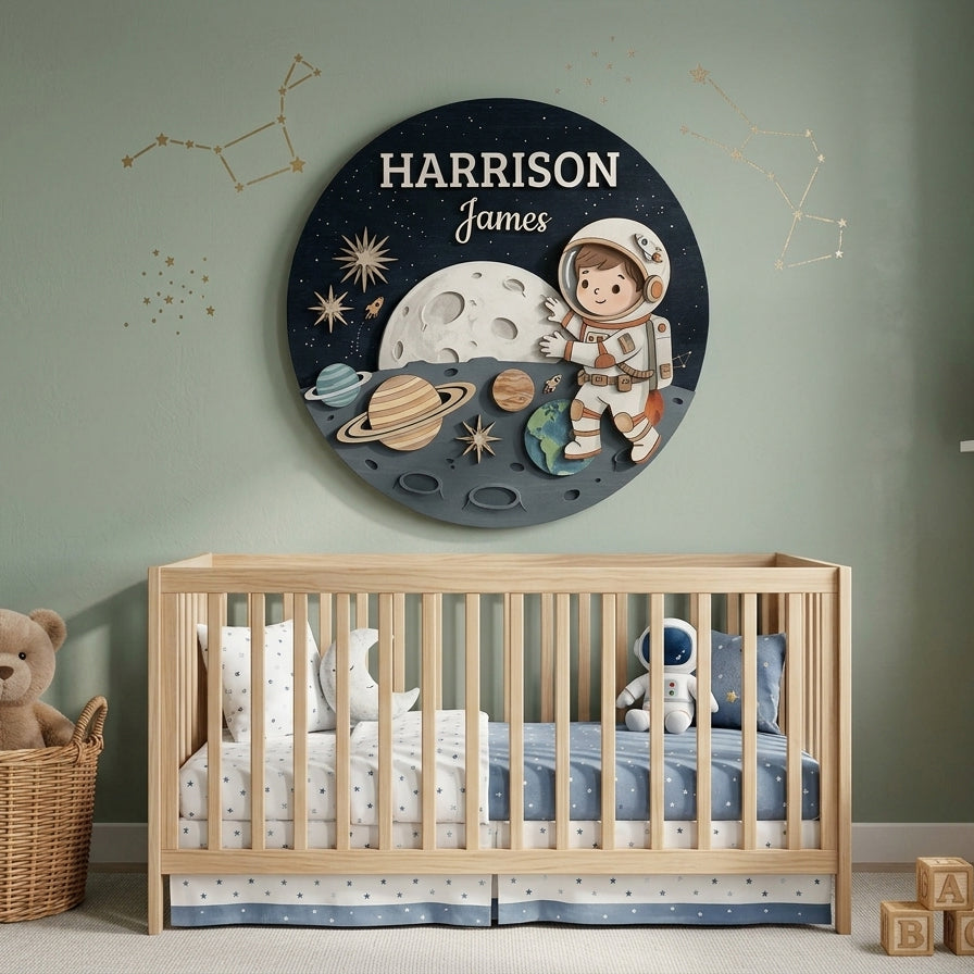Personalized Wooden Name Sign, Astronaut Nursery Wall Decor, Space Moon Planet Art