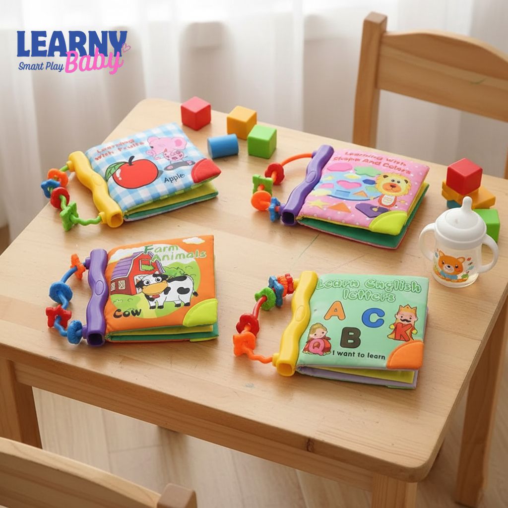 Montessori Baby Cloth Book with Ring, Animal Fruit & Letter Shapes Cognitive Soft Fabric Book, Educational Sensory Toy for Infants and Toddlers 0–36 Months LBBB05