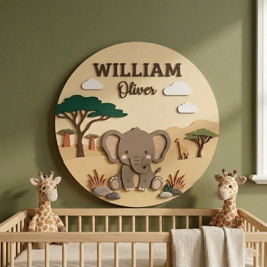 Personalized Wooden Elephant Name Sign, Safari Nursery Wall Decor, Baby Shower Gift