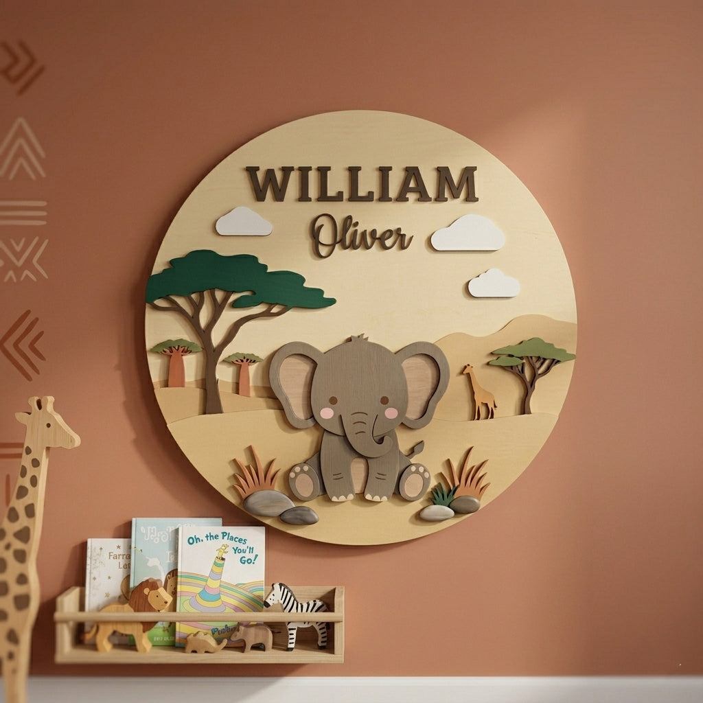 Personalized Wooden Elephant Name Sign, Safari Nursery Wall Decor, Baby Shower Gift