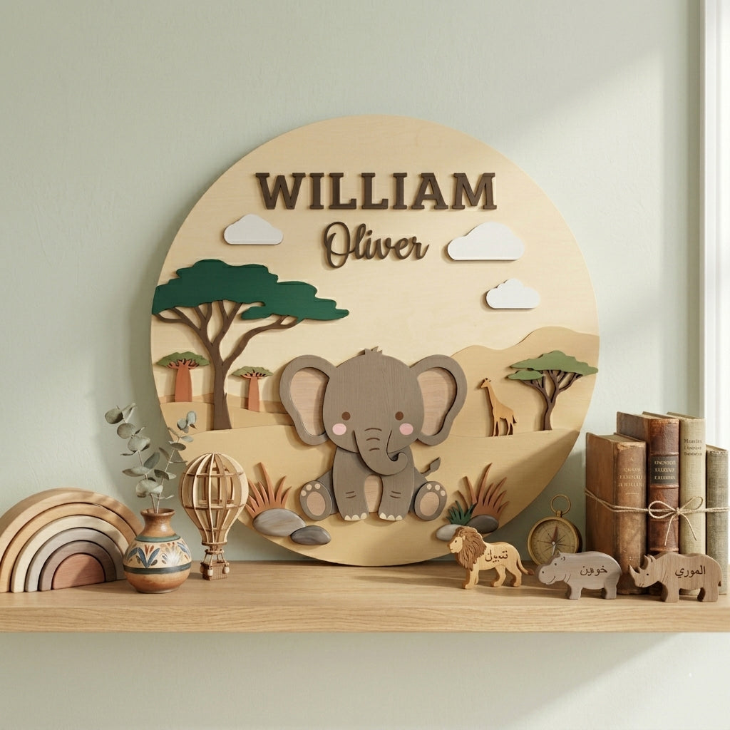 Personalized Wooden Elephant Name Sign, Safari Nursery Wall Decor, Baby Shower Gift
