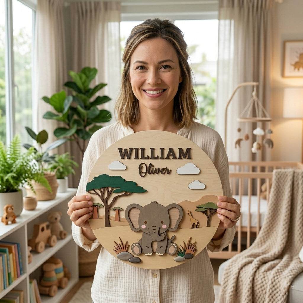 Personalized Wooden Elephant Name Sign, Safari Nursery Wall Decor, Baby Shower Gift
