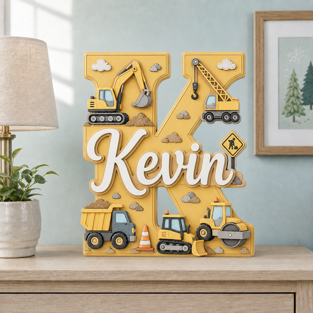 Personalized Construction Nursery Name Sign, Custom Digger Truck Baby Name Sign, Excavator Kids Room Decor, Wooden Letter Wall Art